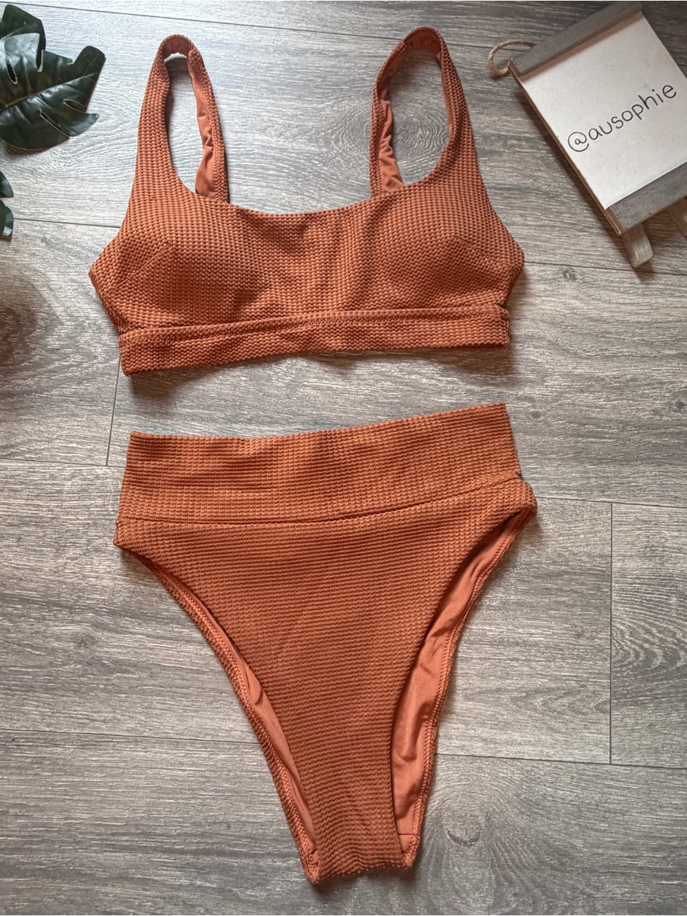 Aerie Waffle Banded Wide Strap Scoop Bikini Top S & High Cut Cheeky Bottom XS